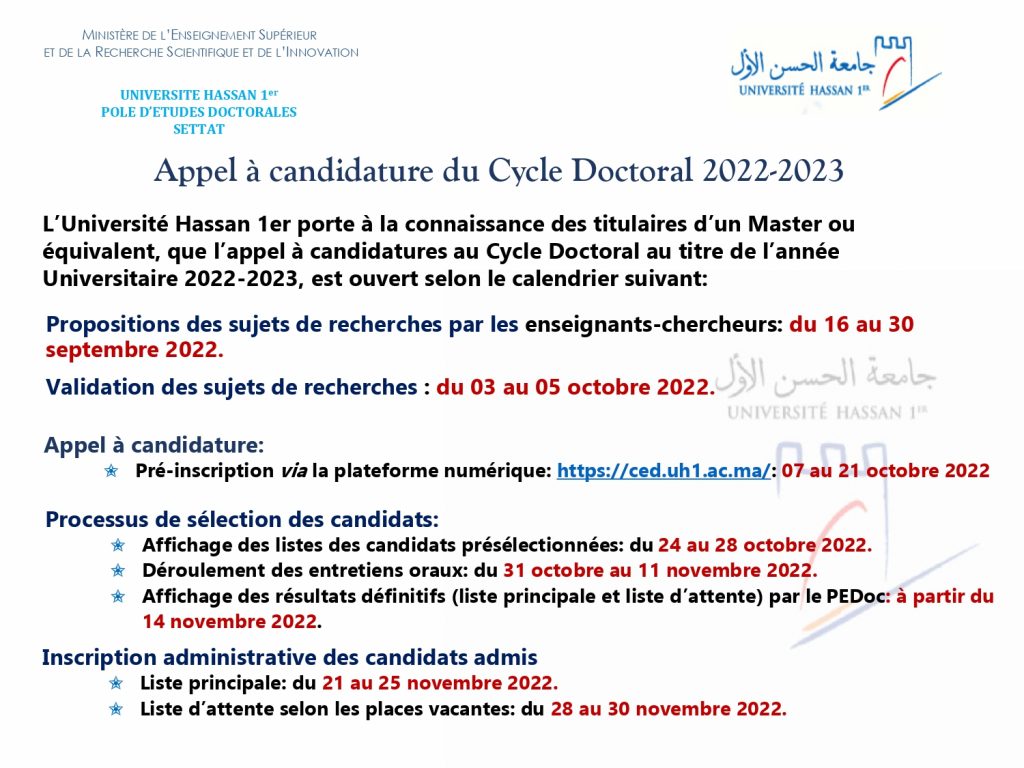 Calendrier des inscriptions au cycle doctoral pour l’année universitaire 2022-2023