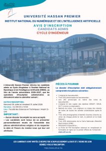 AVIS D’INSCRIPTION | Candidats admis au cycle d&rsquo;ingénieur à l’Institut National du Numérique et de l’Intelligence Artificielle (INNIA)